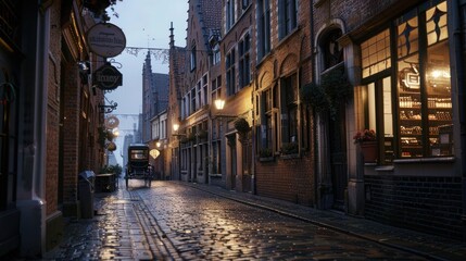 Fototapeta premium Tranquil European Alley at Dusk with Warm Glowing Street Lights