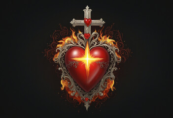 Divine Passion: An Illustration of the Sacred Heart in Flames and Crosses on a Mystical Background