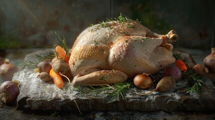 Uncooked Whole Chicken Ready for Roasting with Fresh Herbs and Vegetables