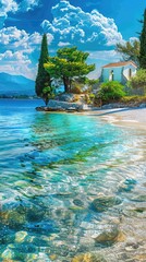 Obraz premium a small Greek island adorned with a white church, surrounded by crystal-clear turquoise waters, and lush pine trees in the village.