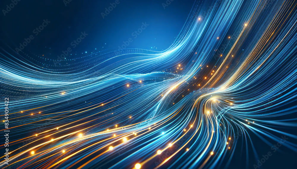 Poster a dynamic swirl of glowing blue light trails with orange accents on a dark background, concept of di