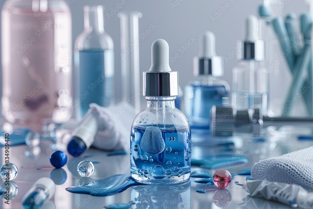 Poster close-up of glass bottles of serum with droplets on a laboratory table. generative ai