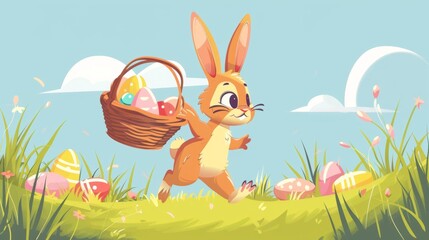 Flat vector of cartoon character of happy rabbit with Easter eggs