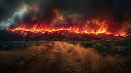 A fiery inferno engulfs a mountain range, casting an ominous glow across the landscape.