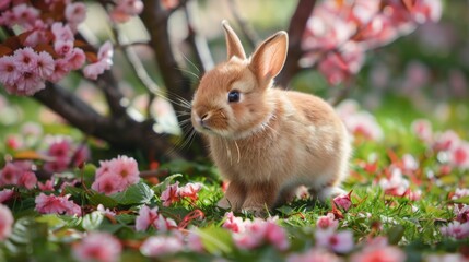Fototapeta premium Cute baby rabbit at outdoor lawn with flowers in Spring