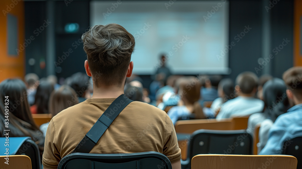 Poster Audience attending a lecture in a seminar room, focused on a presenter, conveying the concept of learning and education. Generative AI