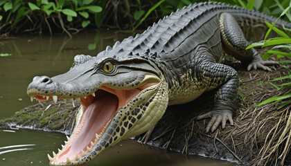 Obraz premium Wildlife predator: The dangerous carnivore alligator in its natural swamp habitat