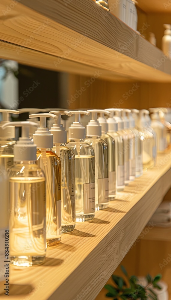Aufkleber A close-up image of a row of shampoo and conditioner bottles displayed on wooden shelves in a salon setting. Generative AI
