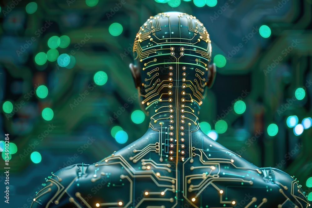 Poster a humanoid robot with a circuit board design stands against a backdrop of glowing green lights.