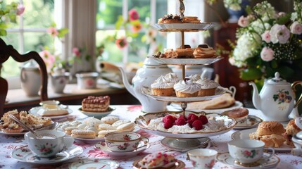 High tea is a meal that is served in the afternoon. It typically includes tea, sandwiches, and cakes.