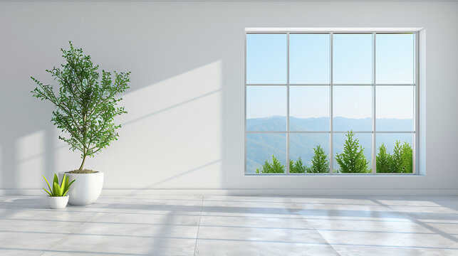 Fototapeta View from the window to the mountains. The interior of the room is white. Comfort at home.