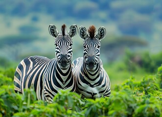 Fototapeta premium two zebras standing in a grassy area