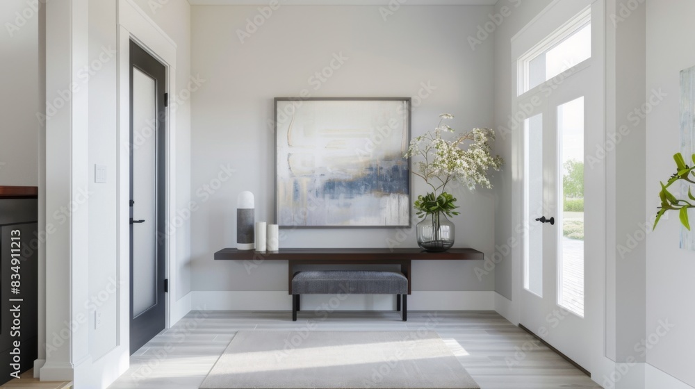 Poster a minimalist-style entrance foyer with a statement-making front door, minimalist console table, and 