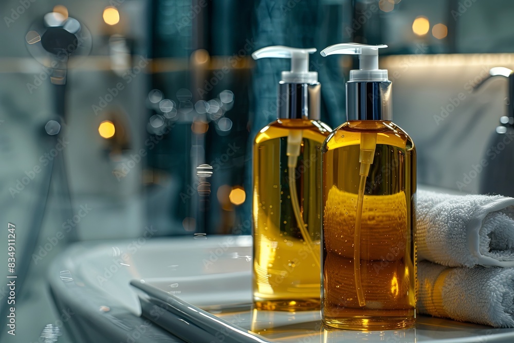 Poster close-up of two sleek, amber bottles of shampoo and conditioner in a bathroom setting. generative ai