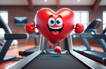 Smiling cartoon heart on a treadmill