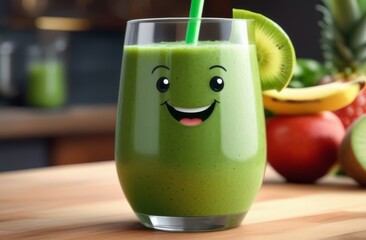 Green smoothie in the glass with eyes and smile