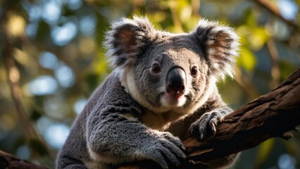 Fototapeta premium Curious Koala Gazes from Tree: A Wildlife Portrait