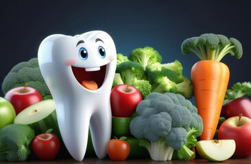 Cartoon cheerful tooth surrounded by vegetables and fruits
