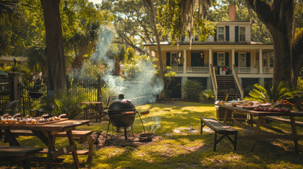 Charming southern backyard with BBQ grill, picnic tables, and a traditional two-story house surrounded by lush greenery and trees.