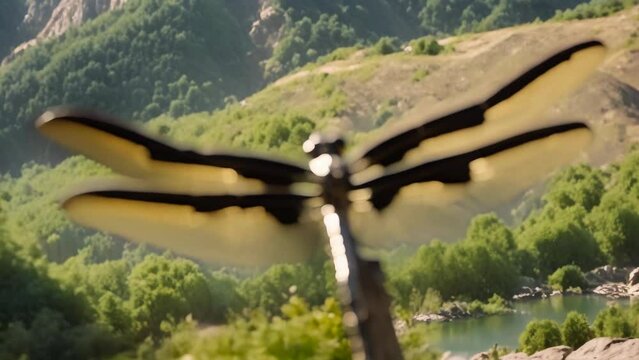 dragonfly against the background of mountains