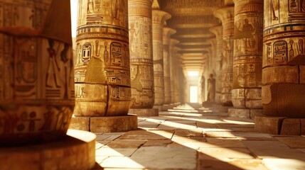 Majestic Ancient Egyptian Temple Hall with Hieroglyphic Columns
