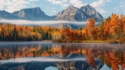 Fototapeta premium Autumnal forests and mountains with morning mist, dawn light touching treetops, enhancing golden hues.