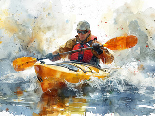 Fototapeta premium Man kayaking in rough waters, splashes around, wearing life jacket, watercolor painting style, dynamic scene.