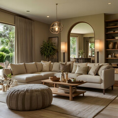 Fototapeta premium A living room bathed in warmth and serenity. The centerpiece is a beige sofa, adorned with plush cushions and throws in a palette of complementary neutrals