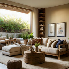 A living room bathed in warmth and serenity. The centerpiece is a beige sofa, adorned with plush cushions and throws in a palette of complementary neutrals