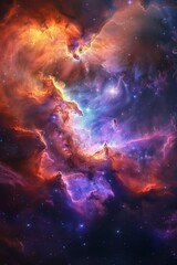 Obraz premium A mesmerizing nebula with vibrant colors of orange, blue, and purple. The swirling clouds of gas and dust are illuminated by starlight, creating a dynamic and captivating cosmic scene.