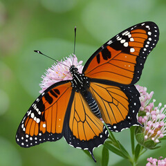 Fototapeta premium Close-up capture of a vibrant orange butterfly in a colorful garden setting