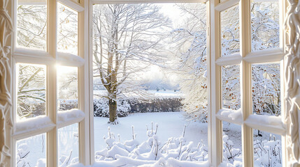 View through the window of a cottage into a snow-covered winter forest