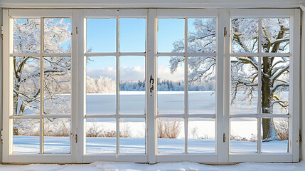 View through the window of a cottage into a snow-covered winter forest