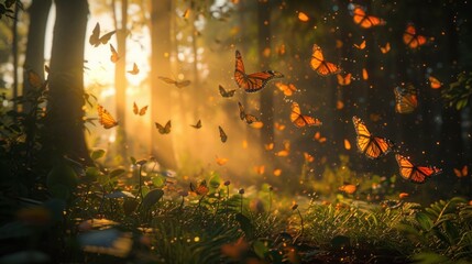 Enchanted Forest Scene with Sunbeams and Fluttering Butterflies