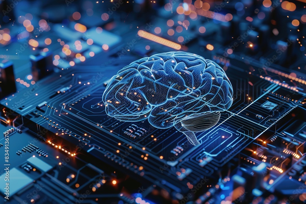 Poster a digital brain concept with neural network illustration on a circuit board.
