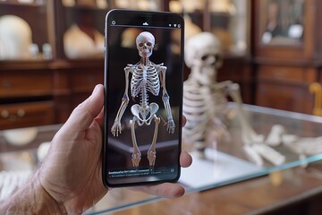 A hand holding a smartphone with an augmented reality skeleton in a museum setting.