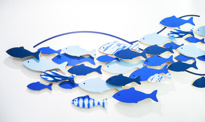 Abstract Art Installation of Blue and White Fish on White Background, Modern Wall Decor,...