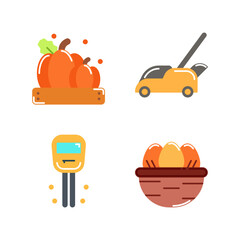 set of Farming icons style flat Illustration with pumpkin, Lawnmower and Ph Test isolated white background. 