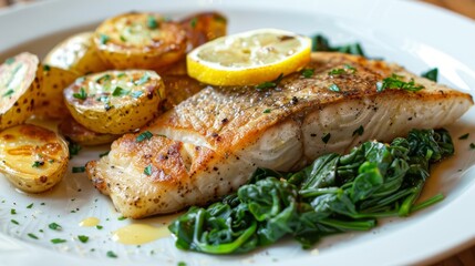 A mouthwatering fish steak accompanied by roasted fingerling potatoes on a classic white plate, served with a slice of lemon, in a cozy kitchen setting.