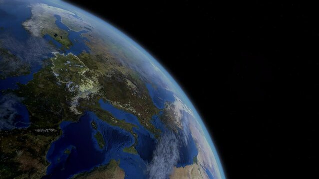 Fly Zoom into Germany, Berlin, Hamburg, through space to see the country map region from above from space. Detailed map Showing area, HD and 4K. Animation.