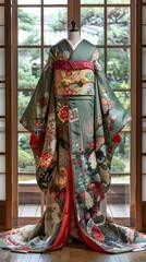 Naklejka premium A kimono with a floral pattern and a red obi sash