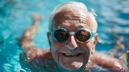 Naklejka premium Portrait of a smiling senior male in water in pool