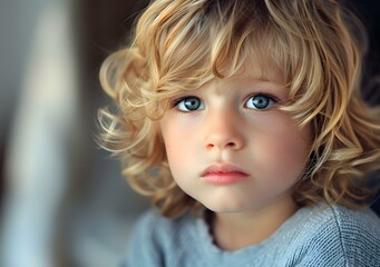 Fototapeta premium Portrait of a cute caucasian toddler boy with blond curly hair and blue eyes