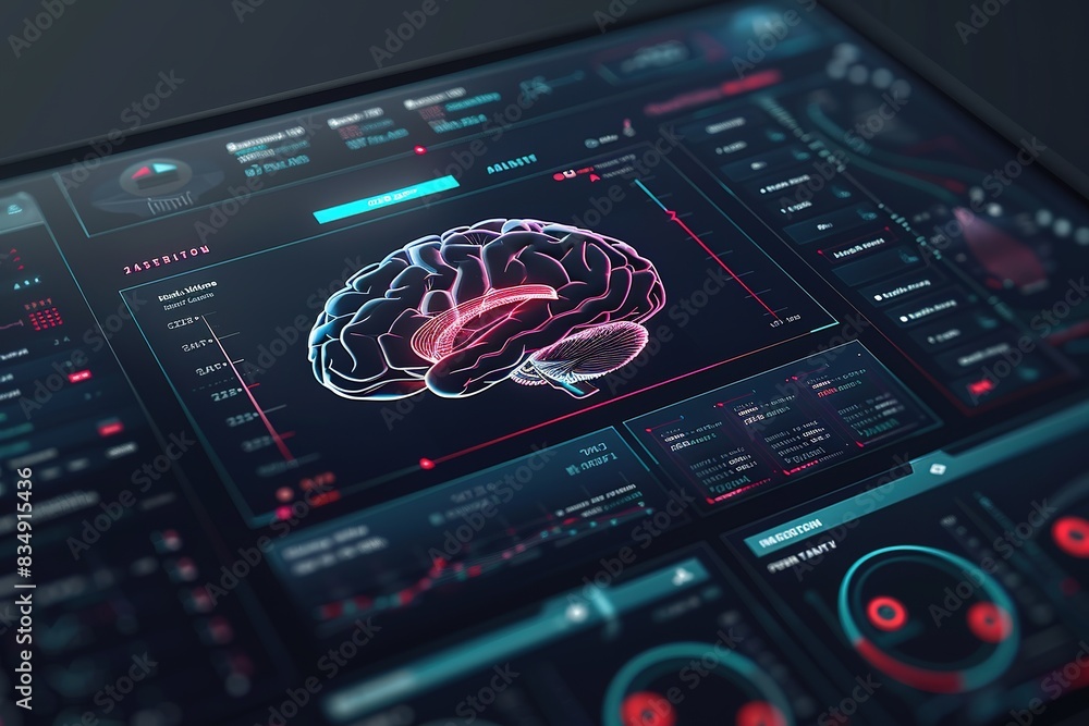 Poster digital brain interface with futuristic holographic display and analytical data.