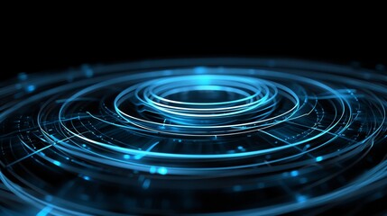 .A circular hologram of blue light on black background, with many lines and circles.