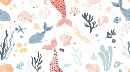 Vector illustration seamless background of mermaid theme.
