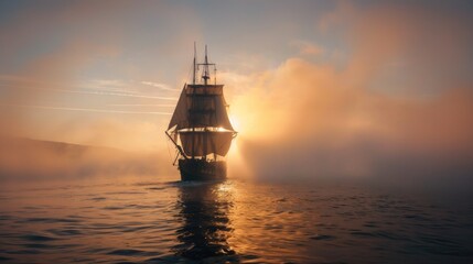 Fototapeta premium Sailing ship in sea water at sunset.