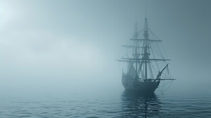 Fototapeta premium Sailing ship in sea water in heavy fog.