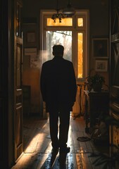 Silhouette of a Man Walking Through a Doorway with Light Streaming In