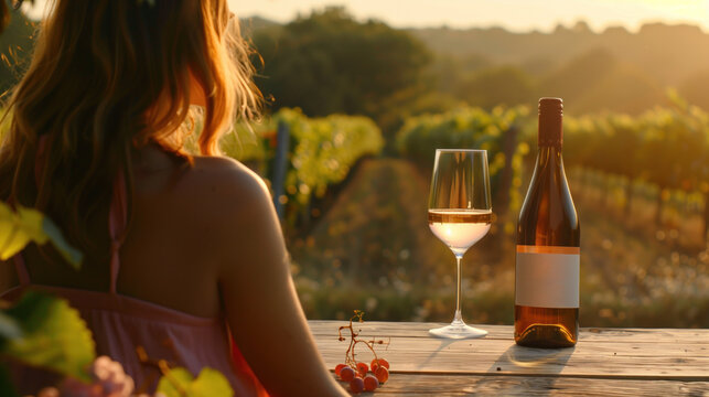 Woman enjoying a glass of white wine in a vineyard at sunset. - Powered by Adobe